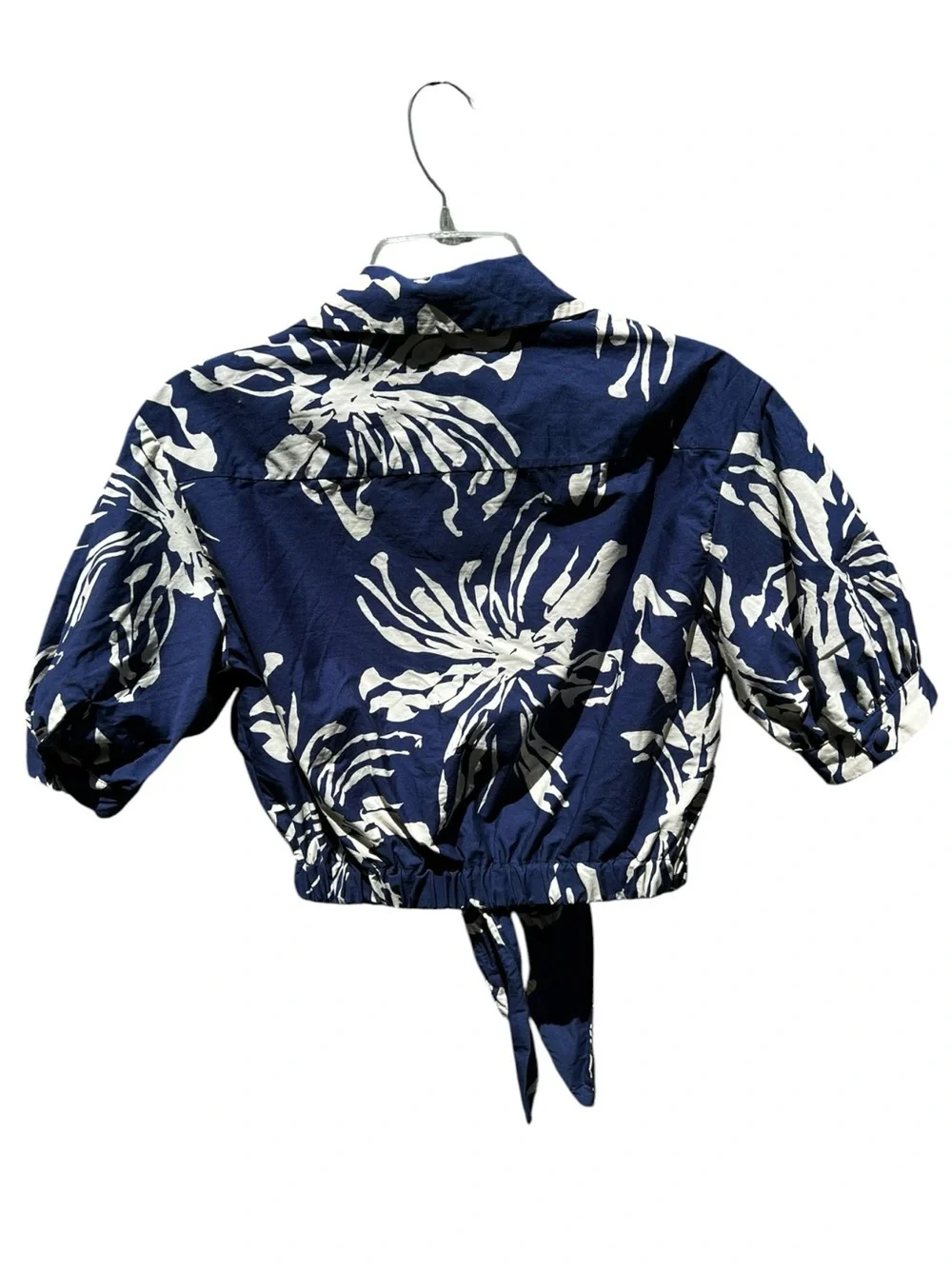 🌻Zara Blue White Floral Crop Top Tie Front Puff Sleeve Button Up Blouse Medium